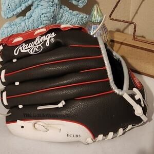 Kids baseball kit gently used Rawlings black white red regular mitt